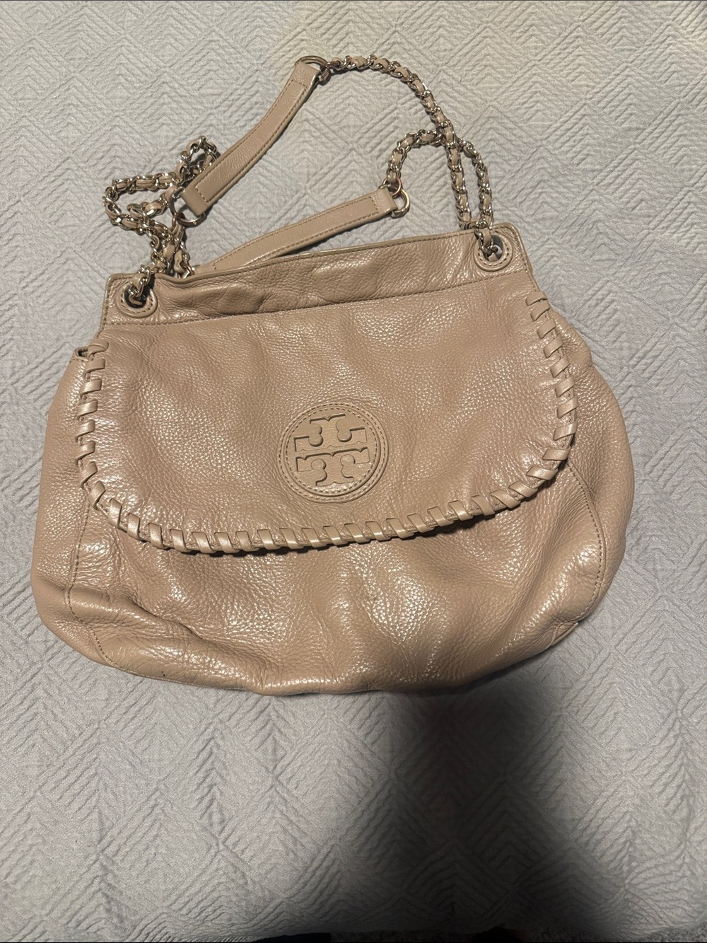Tory Burch Blush Tan Leather Shoulder Bag with Chain Strap